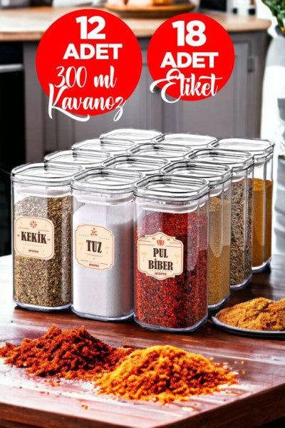 12 Powder Labeled Crystal Spice Jar Set with Vacuum Leakproof Lid 300 mL | Luxury Spice Jar Set 18 Labels