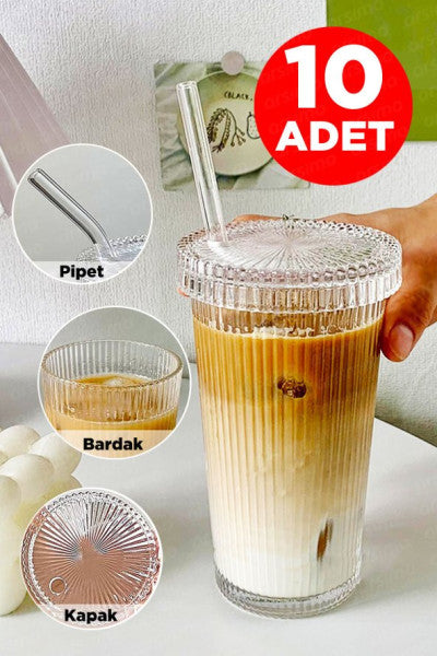 (10 Pieces) Acrylic Origami Style Glass Straw and Lid Soft Drink Cup | Cold Beverage Presentation Decorative Glass 400 Ml
