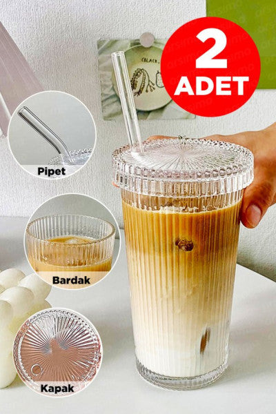 (2 Pieces) Acrylic Origami Style Glass Straw and Lid Soft Drink Cup | Cold Beverage Presentation Decorative Glass 400 Ml