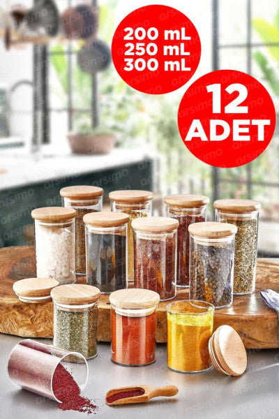12 Pieces Wooden Vacuum Crystal Spice Jar Storage Container Set with Lid | Set of 12 Spice Jars
