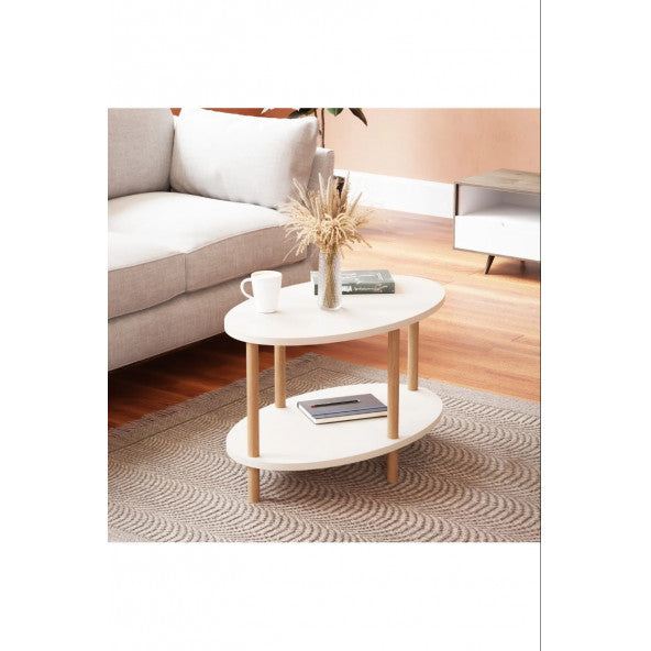 Center Table Oval Wooden Leg Two Tier White Coffee Table with Newspaper Holder - Df41D03