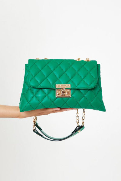 Women's Green Soft Leather Quilted Patterned Chain And Lock Detail Crossbody Bag Tbc182