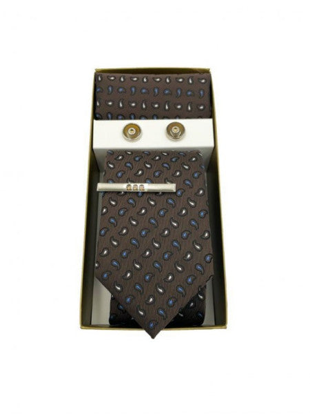 Brianze Brown Small Paisley Pattern Tie Handkerchief Cufflinks And Tie Clips