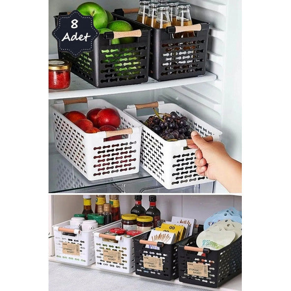 8 Pieces Basket with Handle, Organizer with Handle Wooden Handle, Inside the Refrigerator-Kitchen Countertop-Bathroom Organizer
