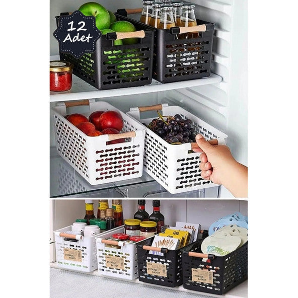 12 Pieces Basket with Handle, Organizer with Handle, Wooden Handle, Inside the Refrigerator-Kitchen Countertop-Bathroom Organizer