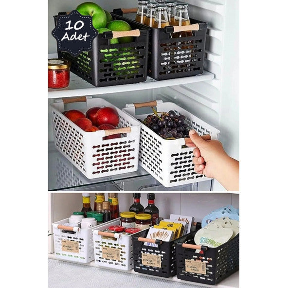 10 Pieces Basket with Handle, Organizer with Handle Wooden Handle, Inside the Refrigerator-Kitchen Countertop-Bathroom Organizer