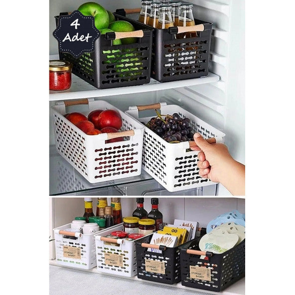 4 Baskets with Handles, Organizer with Handles, Wooden Handles, Inside the Refrigerator-Kitchen Countertop-Bathroom Organizer