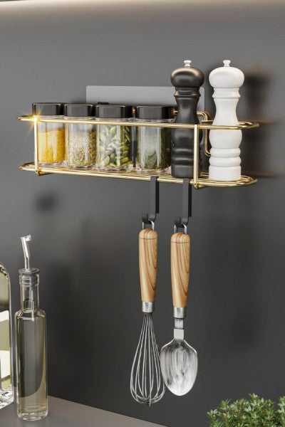 Bino Spice Rack Luxury Metal Gold Kitchen Shelf Bathroom Shelf Stylish Design Salt Shaker with Adhesive Hooks