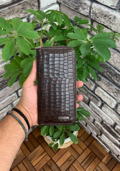 Guard Brown Croco Printed Zipper Portfolio Wallet