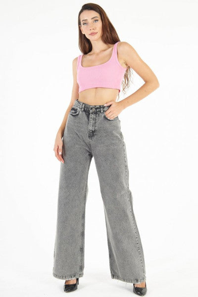 Women's Light Gray High Waist Loose Cut Wide Leg Stonewashed Palazzo Wide Leg Denim Pants