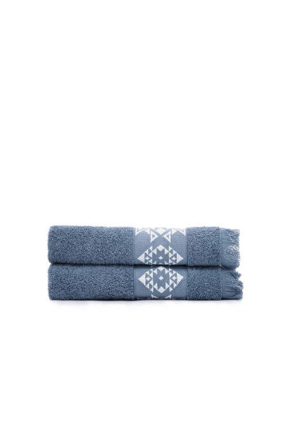 Green Black Hereke Set of 2 Hand and Face Towels 100% Cotton Jacquard Dark Blue 50X80 Cm