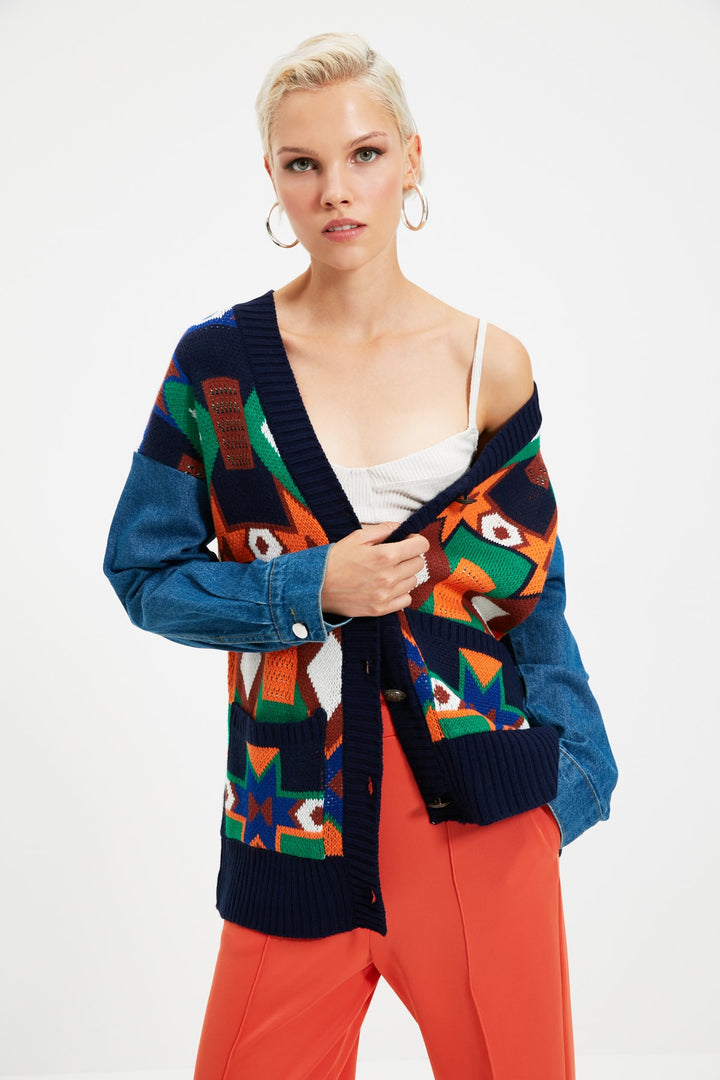 Wetsuit Tops |  Trendyolmilla Multicolored Denim Sleeve Detailed Jacquard Knitwear Cardigan Twoaw21Hı0016.