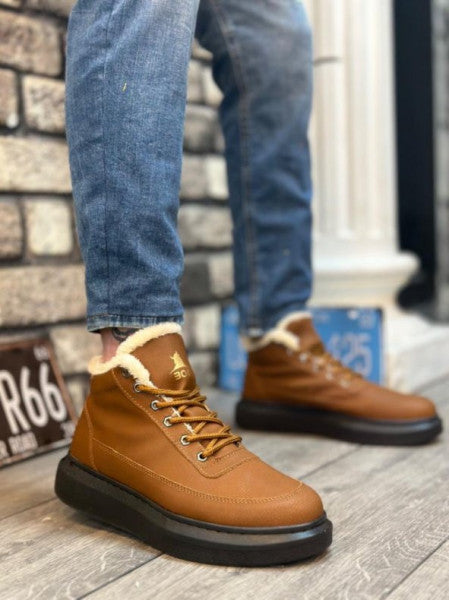 BA0151 Light Brown Men's Style Sports Boots with Fur Inside and Laces