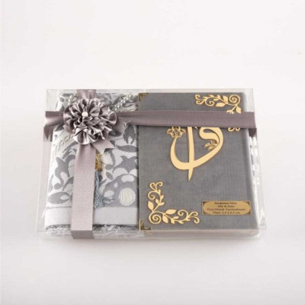 Prayer Mat + Prayer Beads + Quran Gift Set (Bag Size, Velvet, Gray)