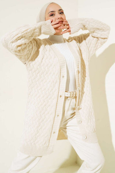 Buttoned Knitted Model Knitwear Cardigan Beige
