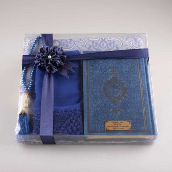 طقم هدية شال + سجادة صلاة + سبحة صلاة + قرآن (مقاس حافظ، أزرق داكن)