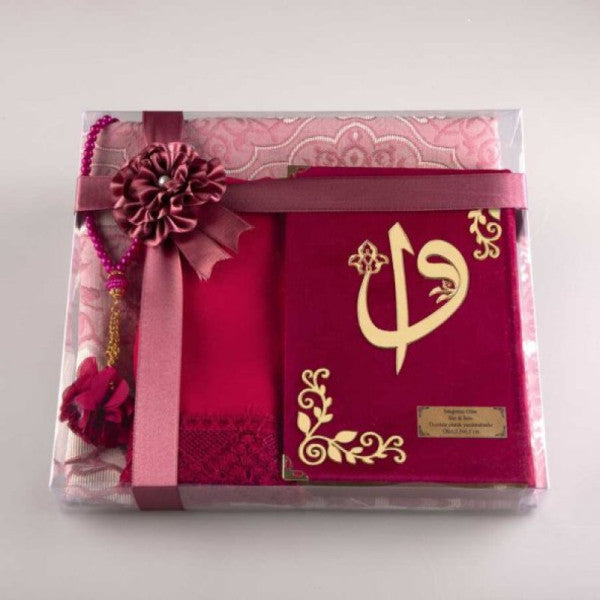 Shawl + Prayer Rug + Prayer Beads + Quran Set (Hafiz Boy, Velvet, Fuchsia Pink)
