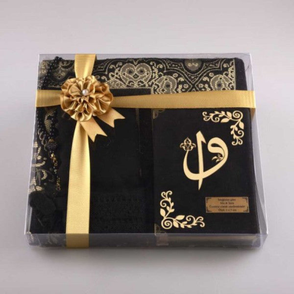 Shawl + Prayer Rug + Prayer Beads + Quran Gift Set (Bag Size, Velvet, Black)