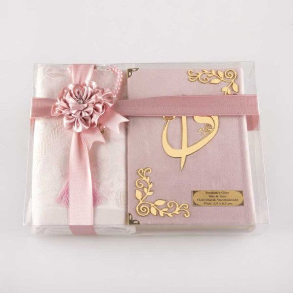 Prayer Mat + Prayer Beads + Quran Gift Set (Hafiz Size, Velvet, Powder Pink)