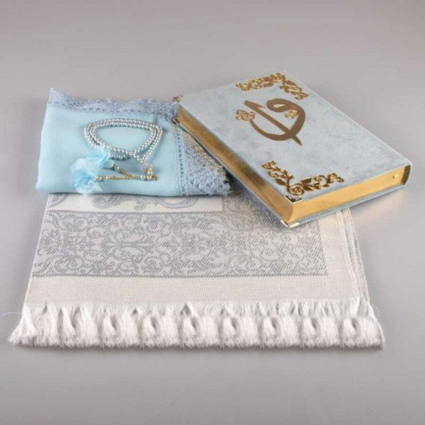 Shawl + Prayer Rug + Prayer Beads + Quran Gift Set (Medium Size, Velvet, Light Blue)