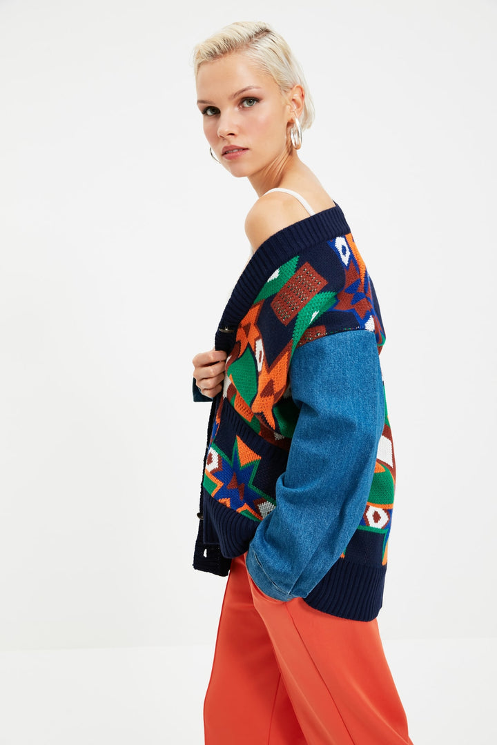 Wetsuit Tops |  Trendyolmilla Multicolored Denim Sleeve Detailed Jacquard Knitwear Cardigan Twoaw21Hı0016.
