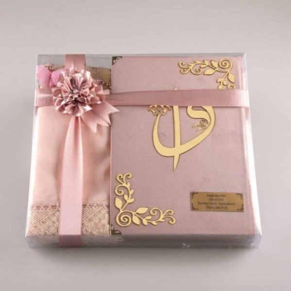 Shawl + Prayer Rug + Prayer Beads + Quran Gift Set (Medium Size, Velvet, Powder Pink)