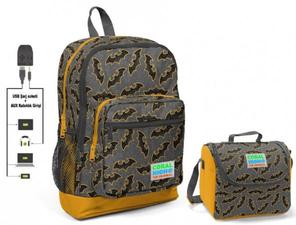 Coral High Bat Printed School Bag and Lunchbox Set - Boy - With USB Socket