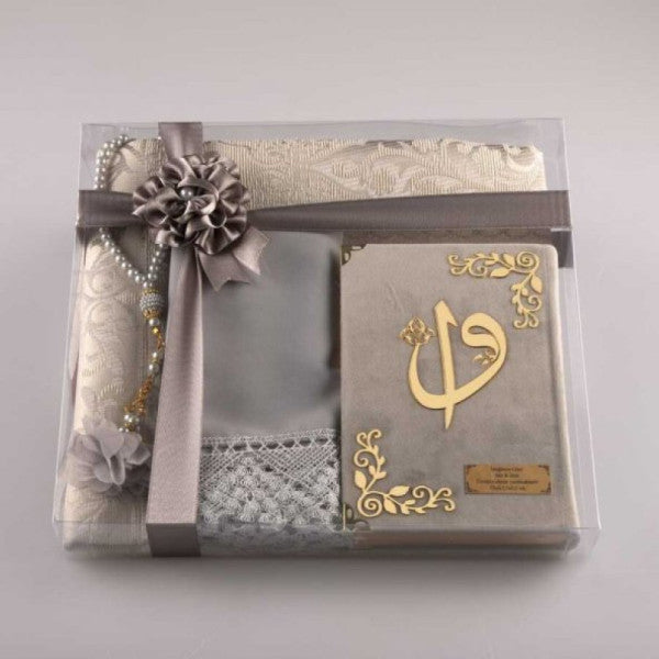 Shawl + Prayer Rug + Prayer Beads + Quran Gift Set (Bag Size, Velvet, Grey)