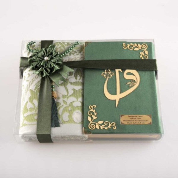 Prayer Rug + Prayer Beads + Quran Gift Set (Hafiz Size, Velvet, Olive Green)