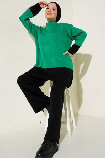 Color Gradient Casual Knitwear Double Suit Green