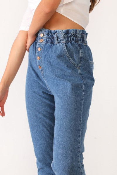 High Waist Buttoned Elastic Waist Jeans