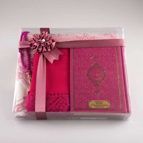 Shawl + Prayer Rug + Prayer Beads + Quran Gift Set (Hafiz Size, Fuchsia Pink)