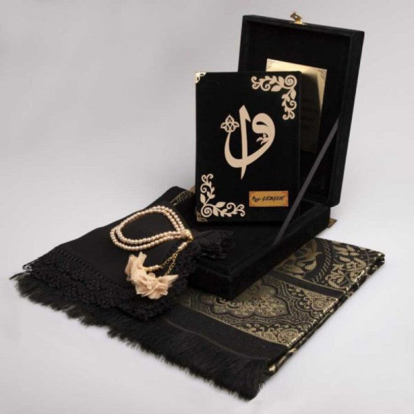 Şal + Dua Halı + Dua Boncukları + Kur'an seti (orta boy, plak kutusu, siyah)