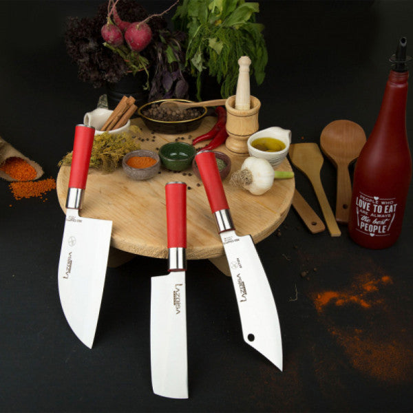 Lazbisa Kitchen Knife Set Meat Vegetable Bread Fruit Chef Knife 3 Pcs Red Craft Series ( Action & Almazan & Nakiri )