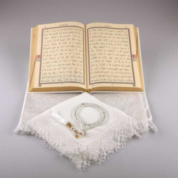 Shawl + Prayer Mat + Prayer Beads + Quran Gift Set (Medium Size, White)