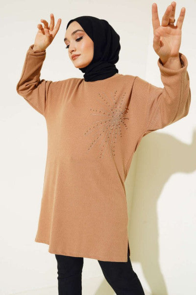 Shiny Stone Thin Ribbed Tunic Camel