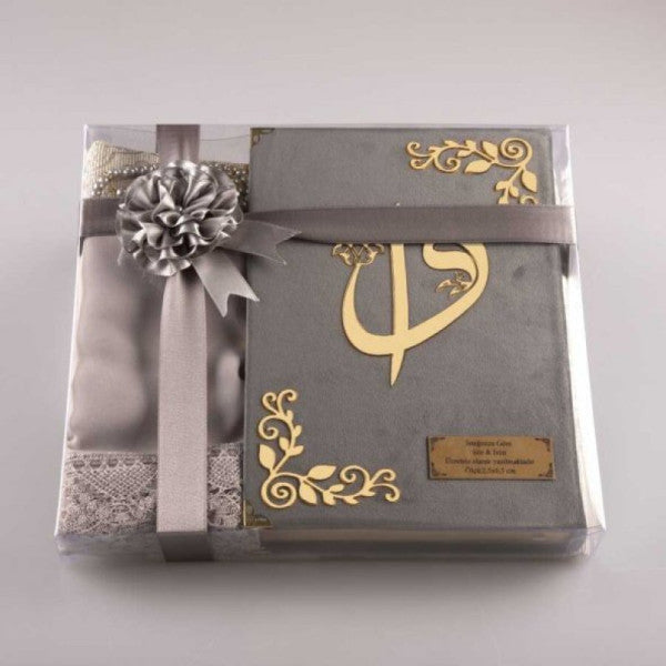 Shawl + Prayer Rug + Prayer Beads + Quran Gift Set (Medium Size, Velvet, Gray)