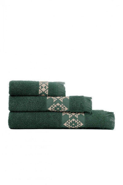 Green Black Hereke 3 Piece Towel Set 100% Cotton Jacquard Green