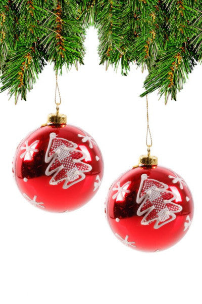 New year Pine Tree with Snow Pattern Luxury Tree Ornament Red 8 cm 3 Pcs