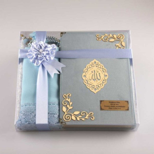 Shawl + Prayer Rug + Prayer Beads + Quran Set (Medium Size, Velvet, Light Blue)