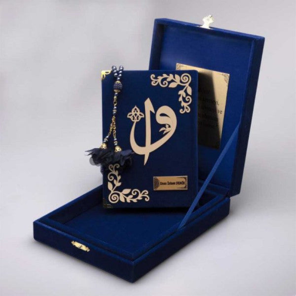 Dua boncukları + Kur'an hediye seti (rahle boyutu, plak kutulu, koyu mavi)