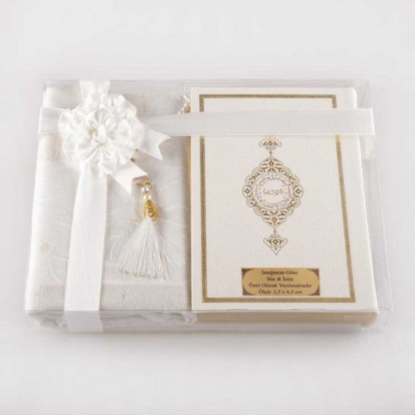 Prayer Rug + Prayer Beads + Quran Gift Set (Hafiz Size, White)