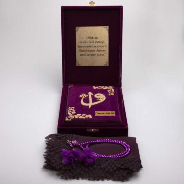 Shawl + Prayer Beads + Quran Gift Set (Hafiz Size, Plaque Boxed, Purple)