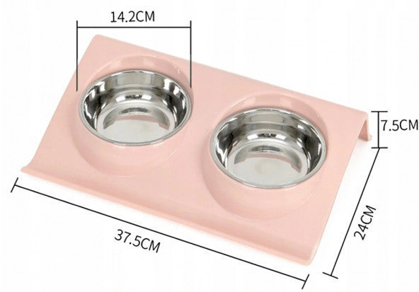 Double Color Food And Water Bowl With Steel Bowl Pink 37.5X24X7.5