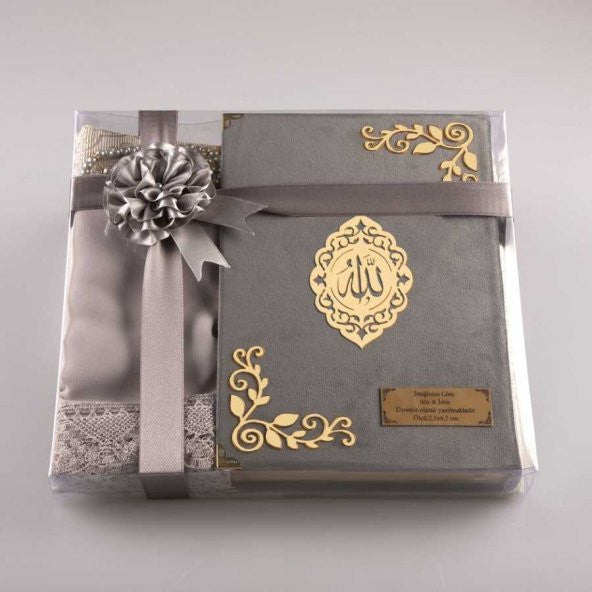 Shawl + Prayer Rug + Prayer Beads + Quran Gift Set (Medium Size, Velvet, Grey)