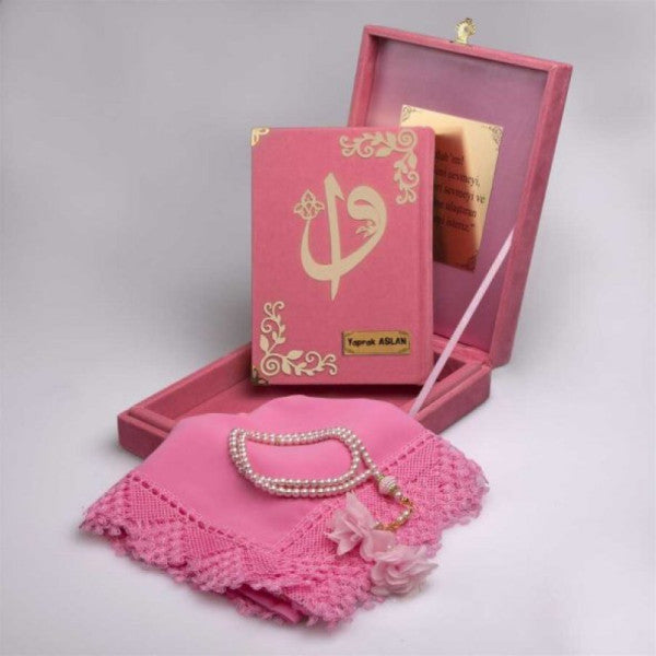 Shawl + Prayer Beads + Quran Set (Hafiz Size, Plaque Boxed, Powder Pink)