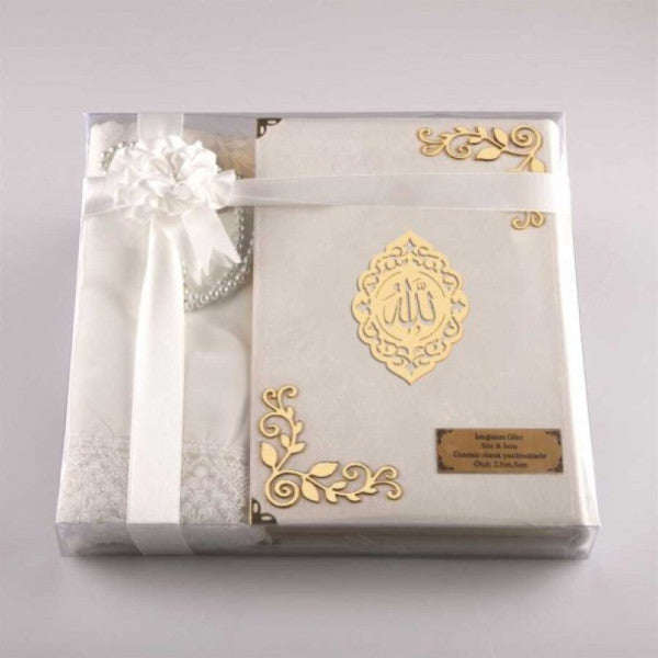 Shawl + Prayer Rug + Prayer Beads + Quran Gift Set (Hafiz Size, Velvet, White)