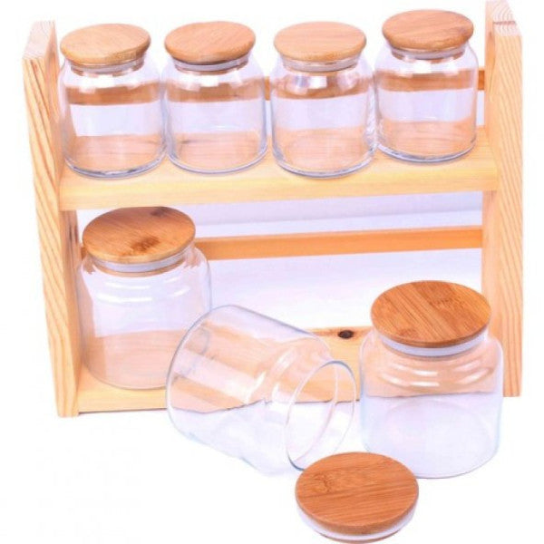 Gönül Glass Spice Storage Jar Set 8 Pcs With Wooden Stand