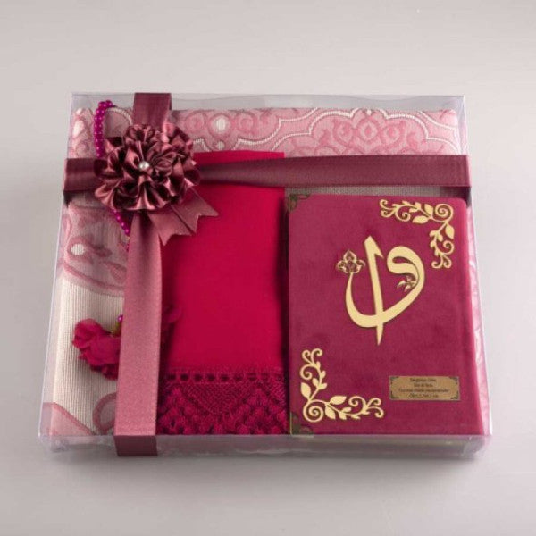 Shawl + Prayer Rug + Prayer Beads + Quran Gift Set (Bag Size, Velvet, Fuchsia Pink)