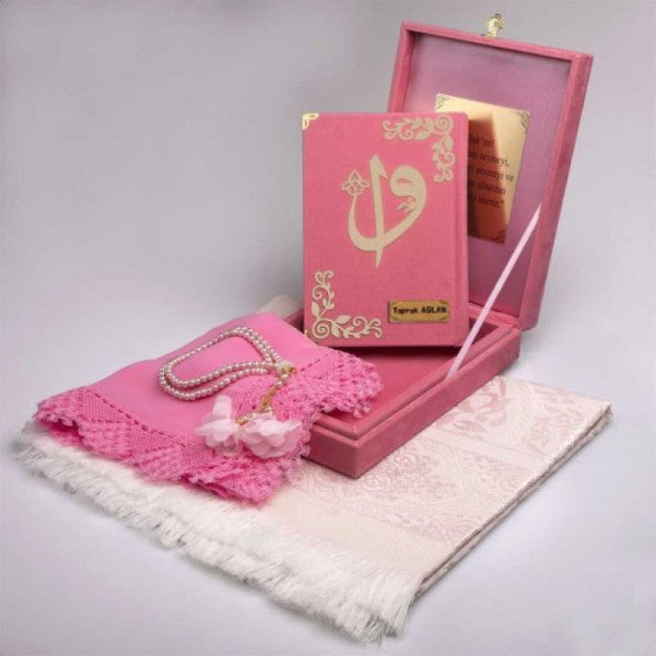 Shawl + Prayer Rug + Praying Beads + Quran Set (Bag Size, Plaque, Powder Pink)